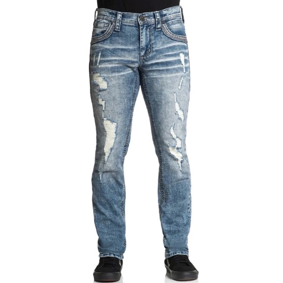 Affliction Men's Denim Jeans Gage Peak Groves Embroidered Blue $135 - Picture 2 of 9